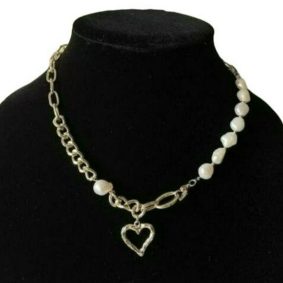 Gold Plated Cultured Freshwater‎ Pearl Beaded Heart Pendant Necklace 17in - Picture 1 of 9